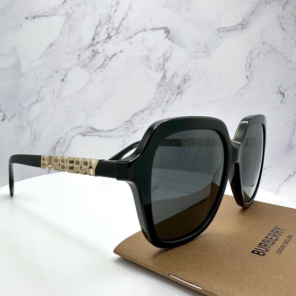 New Burberry Sunglasses Black Square Gold Metal Cut Out BURBERRY Logo Womens - Picture 5 of 16